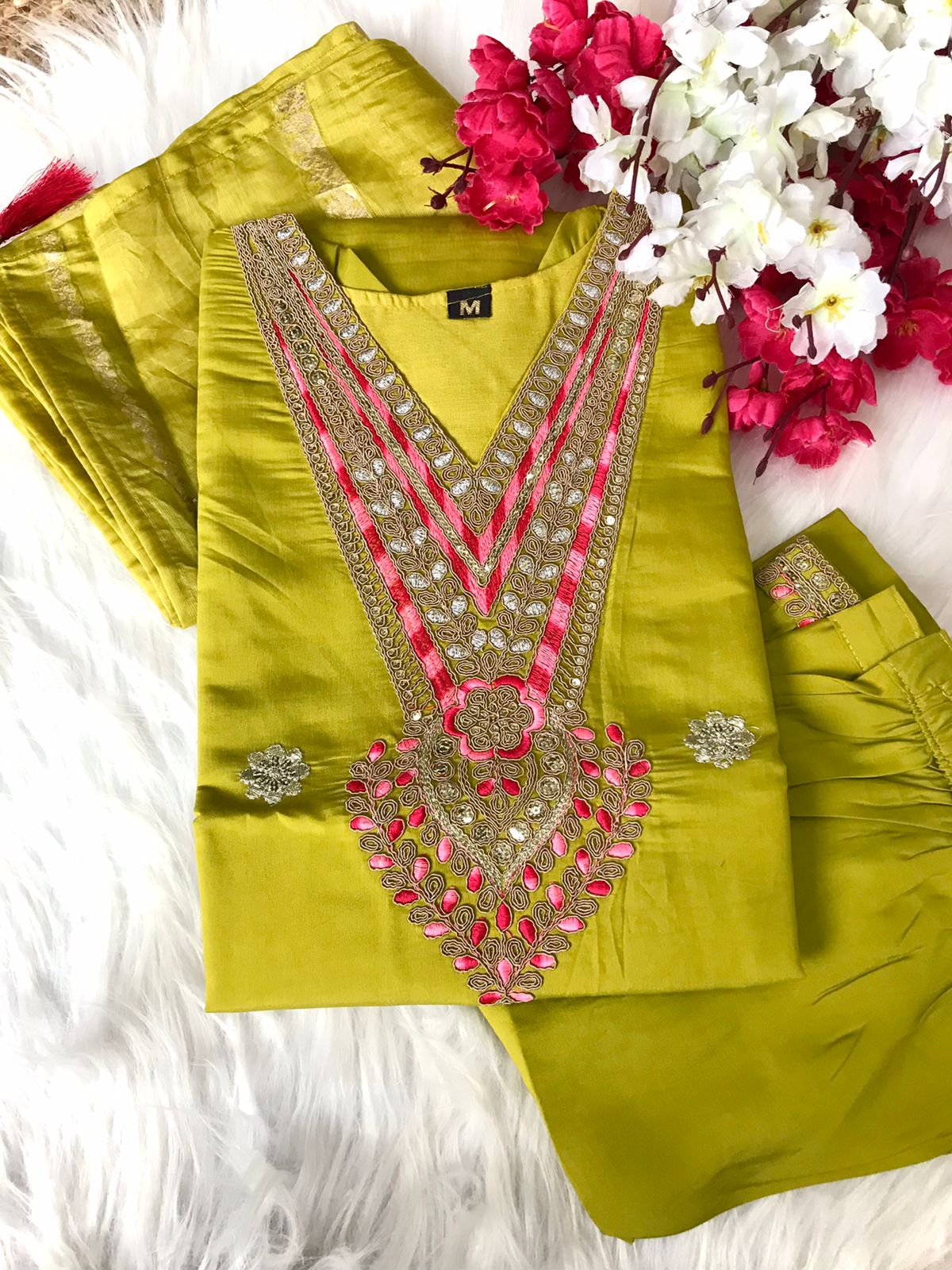 VT Designer Roman Silk Embroidery Kurti With Bottom Dupatta Wholesalers In Delhi
